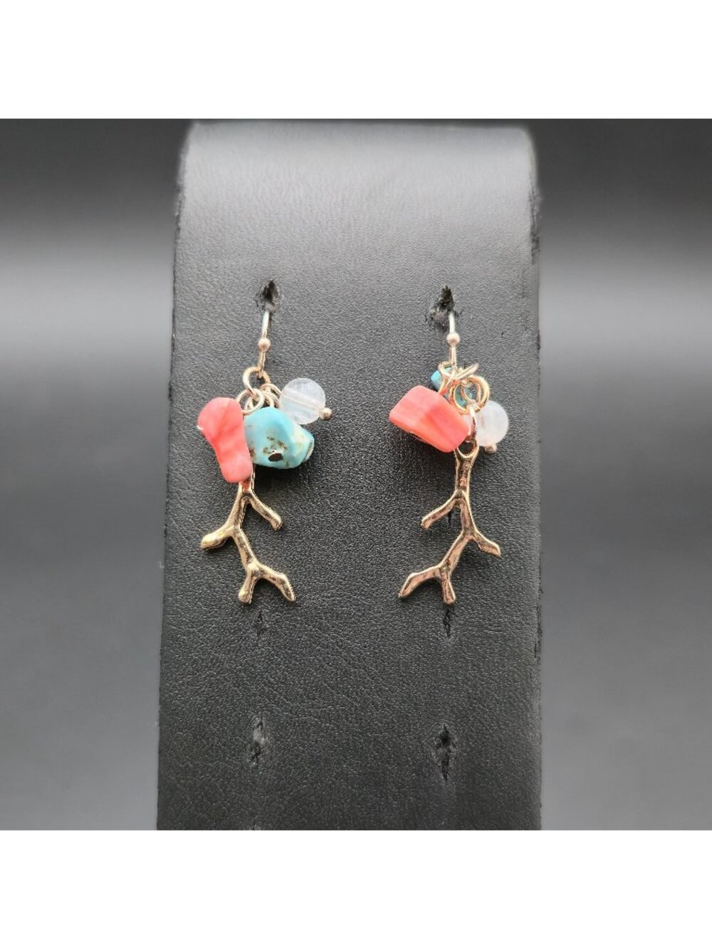 Coral Branch Dangle Earrings with Turquoise and Pink Sea Glass Cluster A8631
